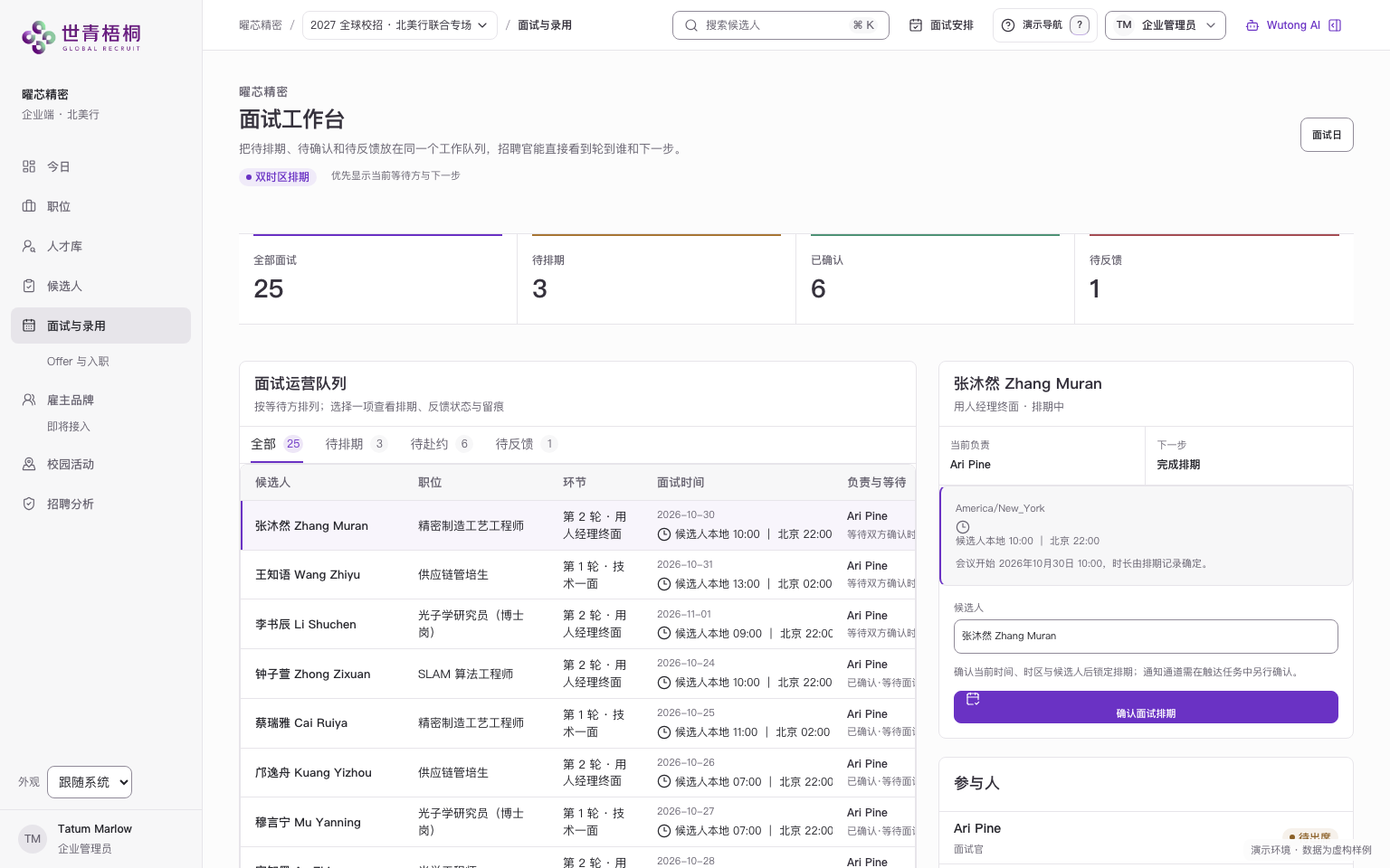 面试工作台:队列集中显示待排期、已确认与待反馈状态,并显示候选人本地时间与北京时间。